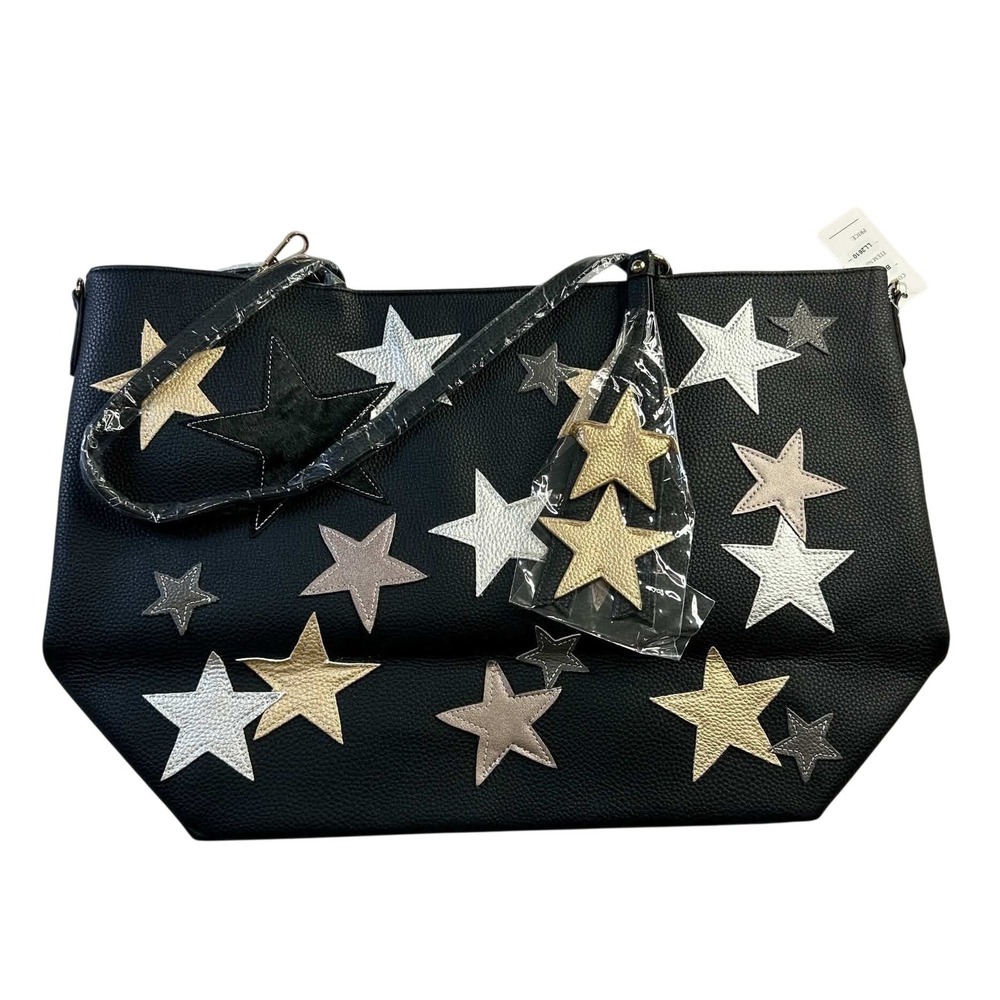 Black Faux Pebble Grain Large Tote Purse with Star Applique Bag New With Tags